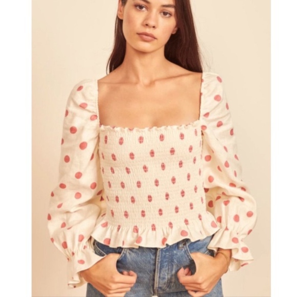 Reformation Cream Blouse with Pink Polka Dots
